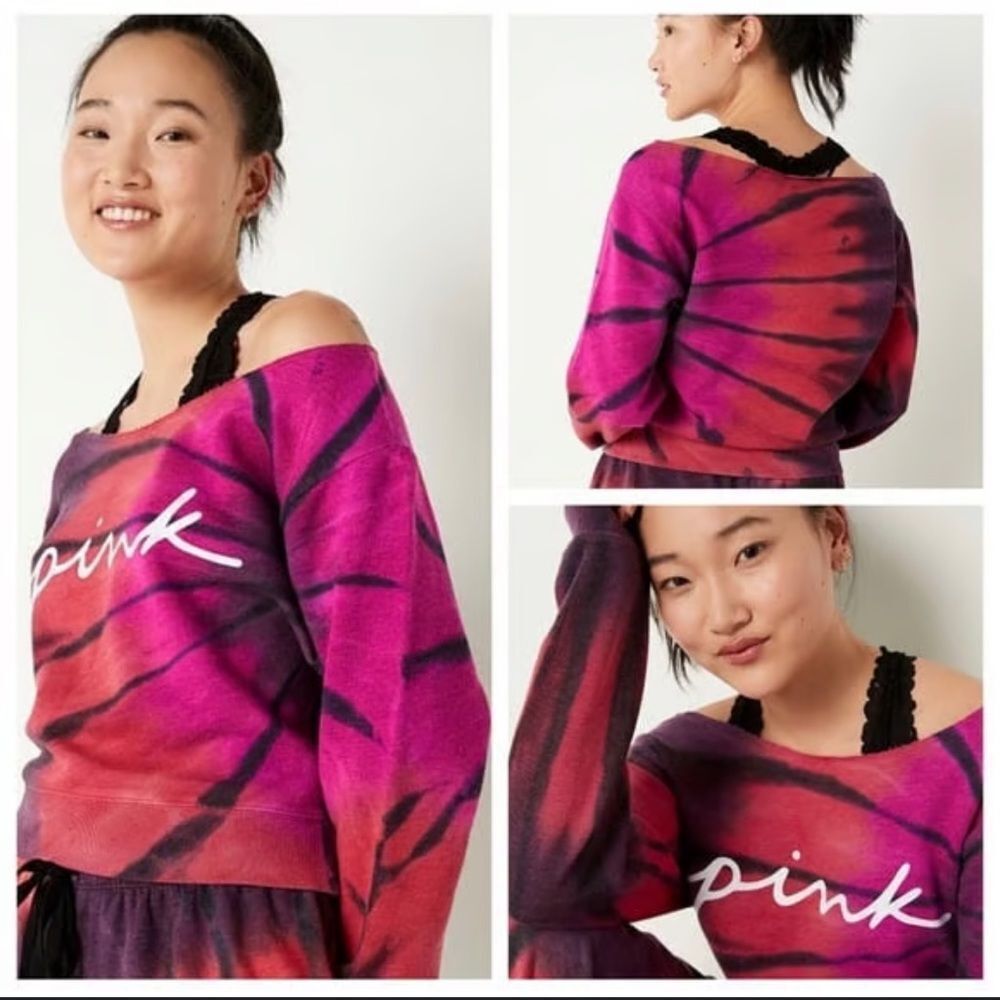 Vs Victorias Secret Pink Everyday Lounge Crop Crew Sweater Jacket Top Tie Dye M
